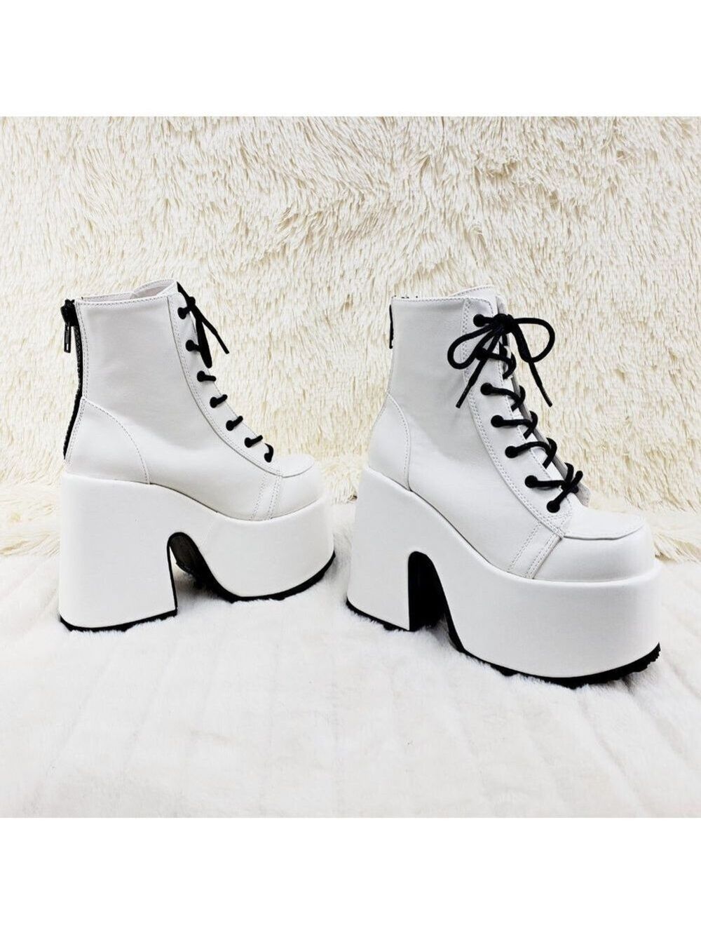 White Matte Chunky Platform Goth Punk Ankle Boots Camel - Picture 9 of 14